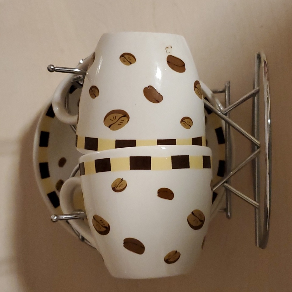 Heart Shaped Holder of 2 Cups and Saucers with Coffee Bean Design
